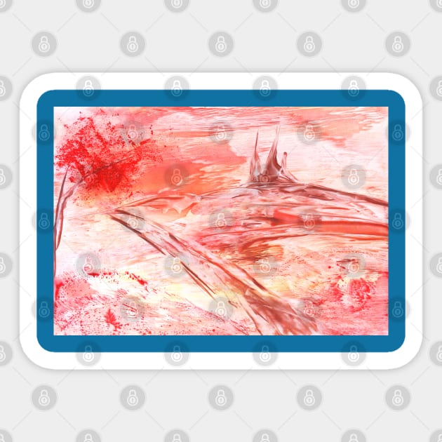 Red landscape with a castle. Encaustic, art decoration, sketch. Sticker by grafinya